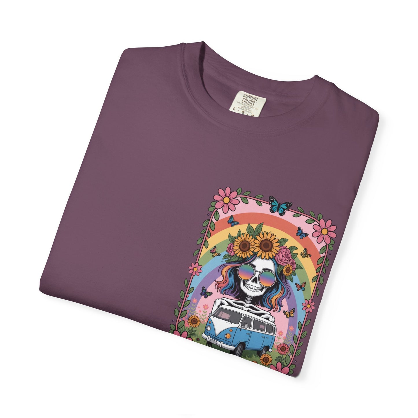 Day of the Dead VW Bus T-Shirt — Sugar Skull, Sunflower & Rainbow Hippie Tee