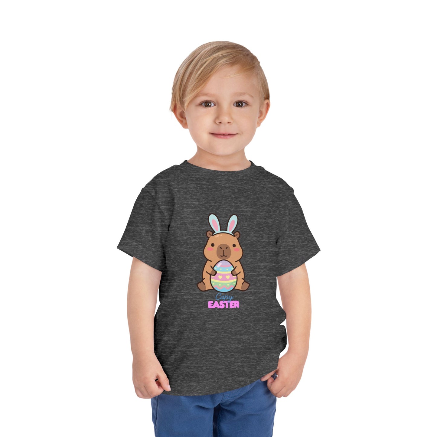 Toddler Tee — Cute Capybara Holding Easter Egg | "Happy Easter" Kids Shirt
