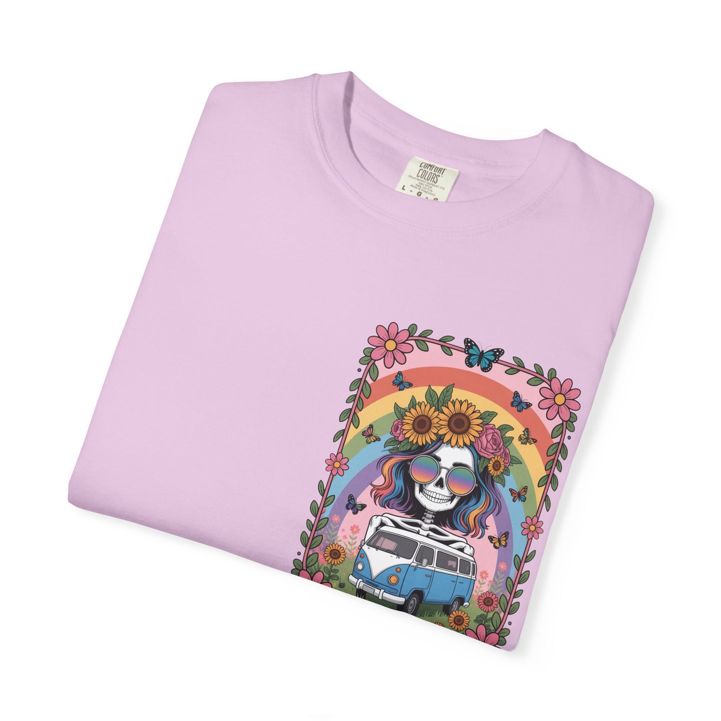 Day of the Dead VW Bus T-Shirt — Sugar Skull, Sunflower & Rainbow Hippie Tee