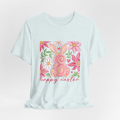 Easter Floral Bunny T-Shirt — "Happy Easter" Pastel Spring Tee