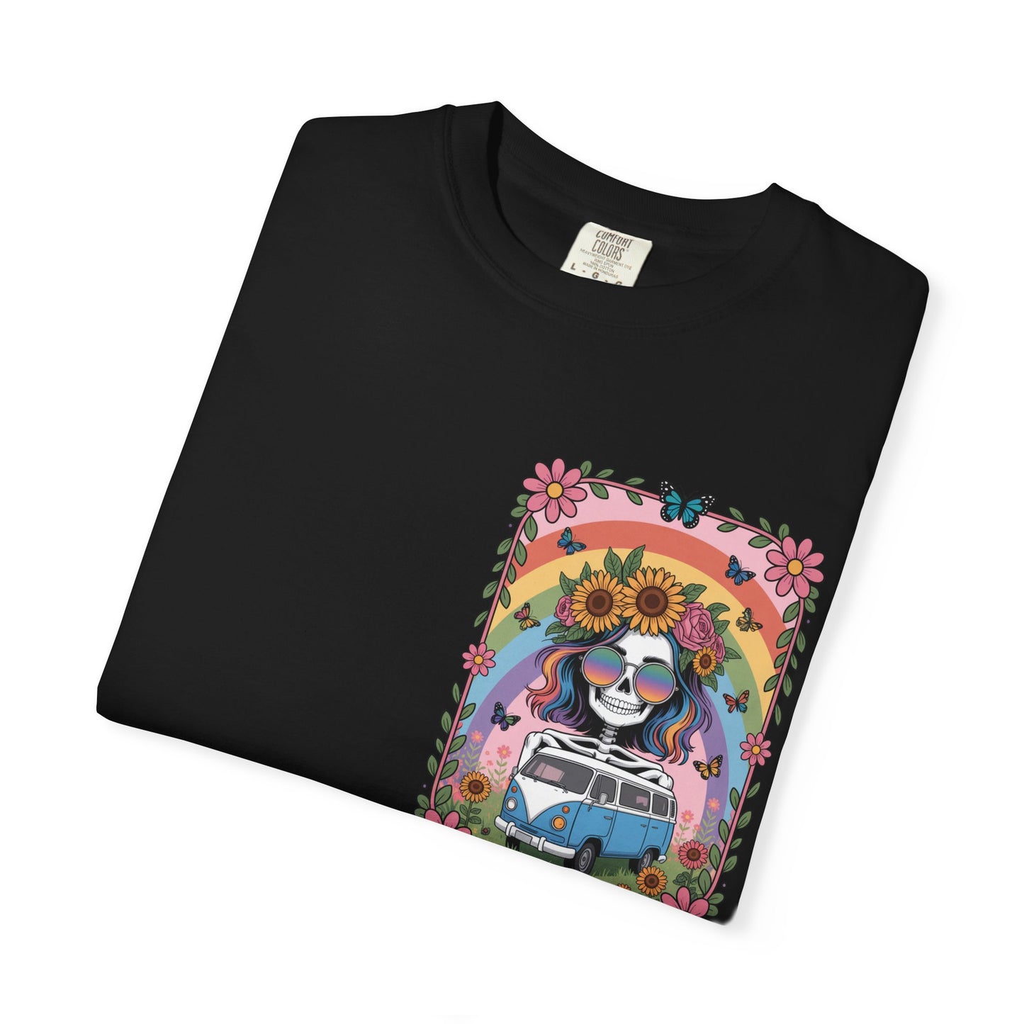 Day of the Dead VW Bus T-Shirt — Sugar Skull, Sunflower & Rainbow Hippie Tee
