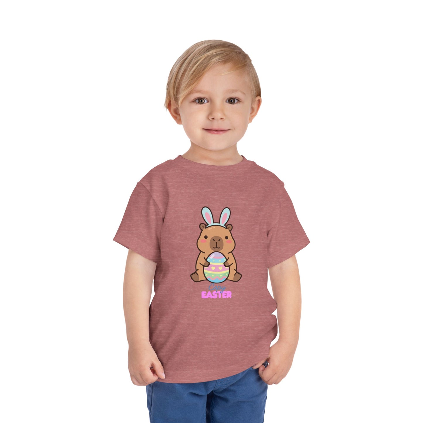 Toddler Tee — Cute Capybara Holding Easter Egg | "Happy Easter" Kids Shirt