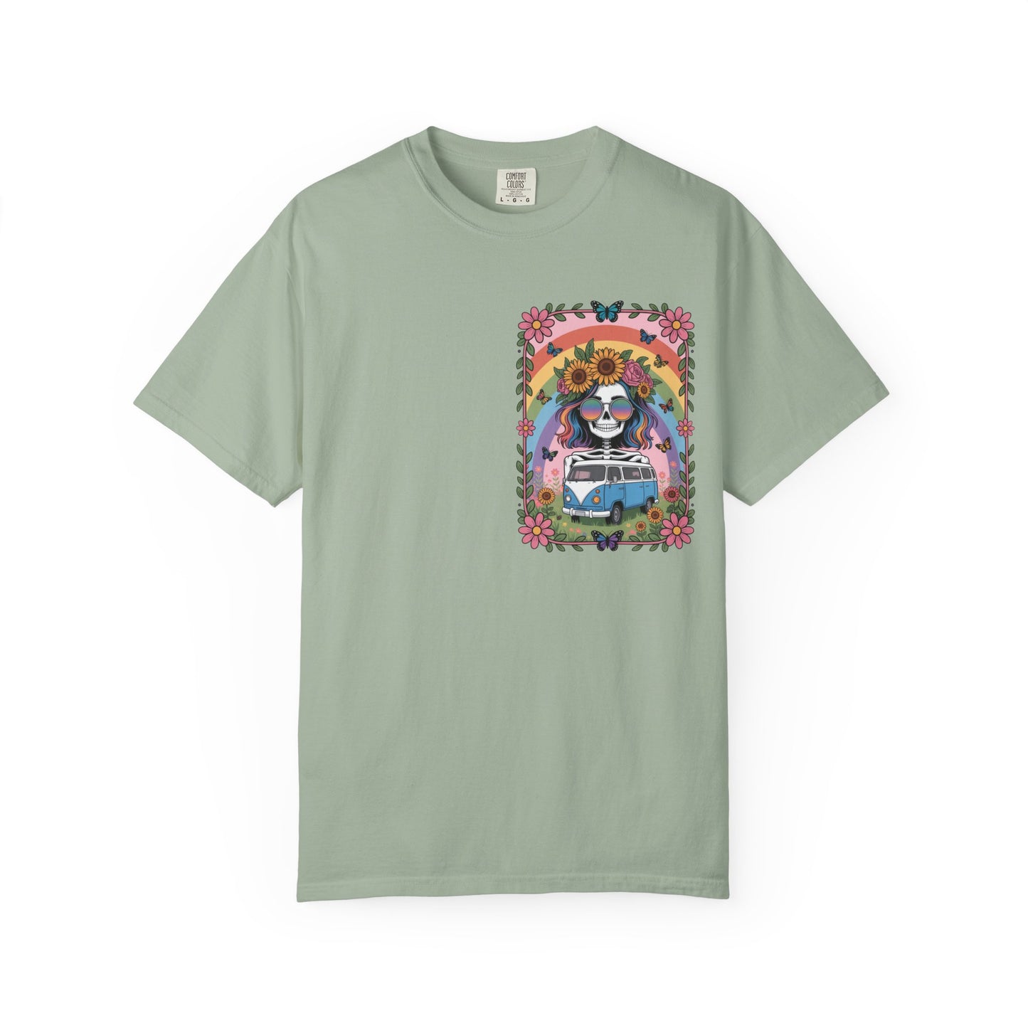 Day of the Dead VW Bus T-Shirt — Sugar Skull, Sunflower & Rainbow Hippie Tee