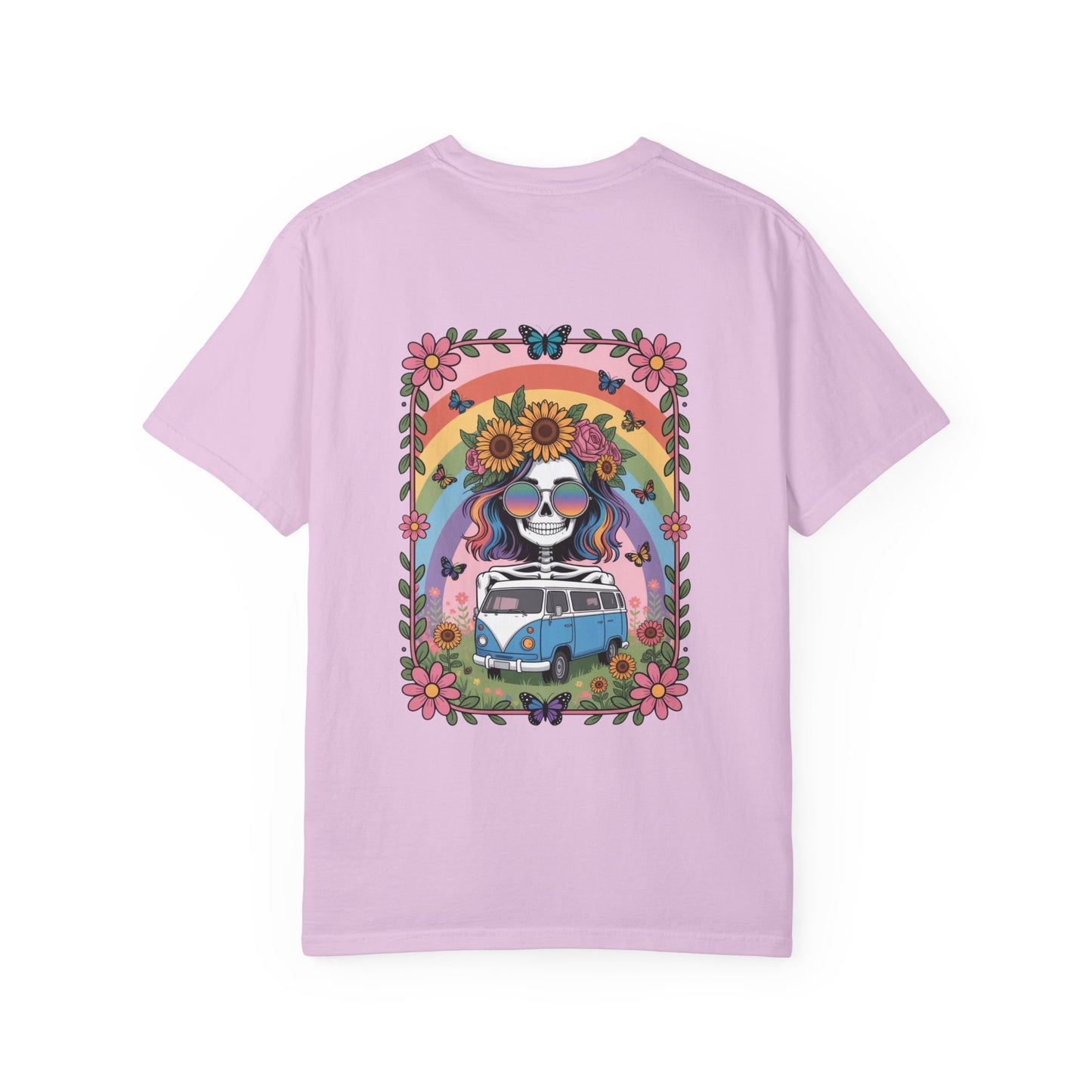 Day of the Dead VW Bus T-Shirt — Sugar Skull, Sunflower & Rainbow Hippie Tee