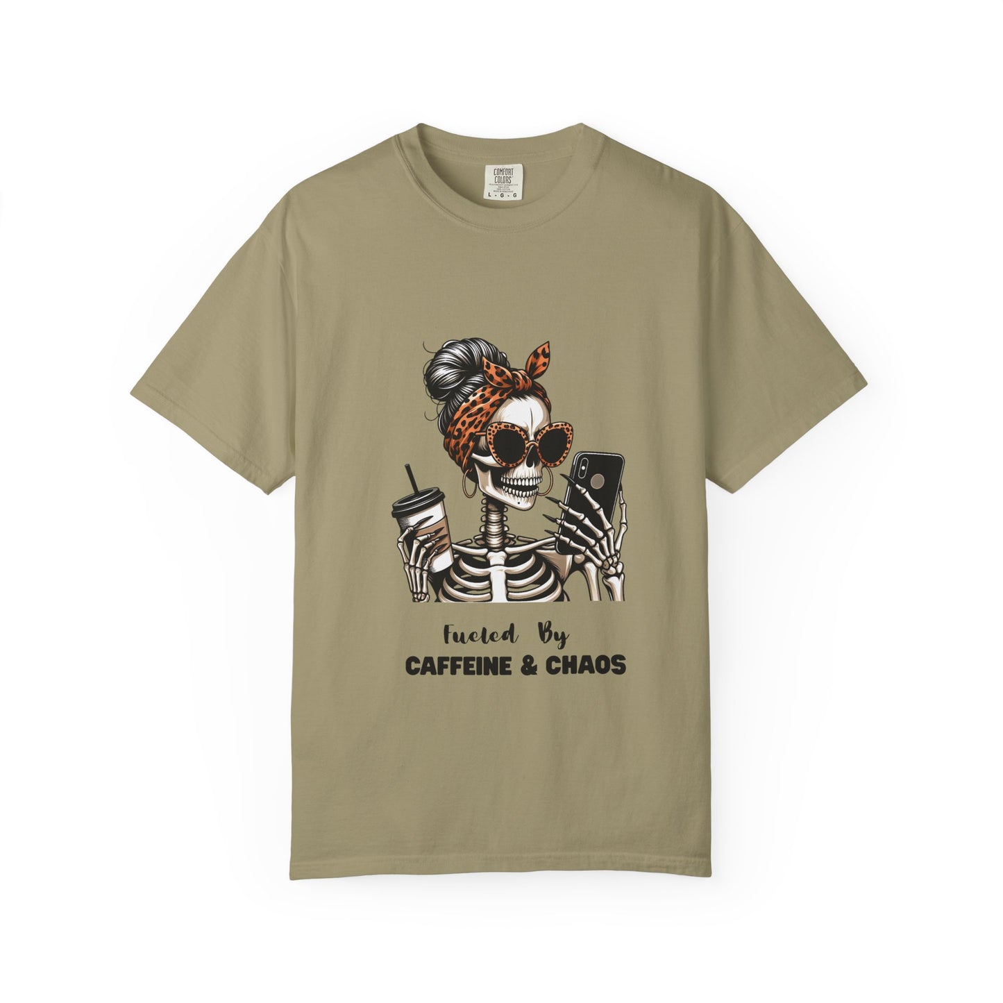 Caffeine & Chaos Skeleton Graphic T-Shirt | Coffee Skull Tee