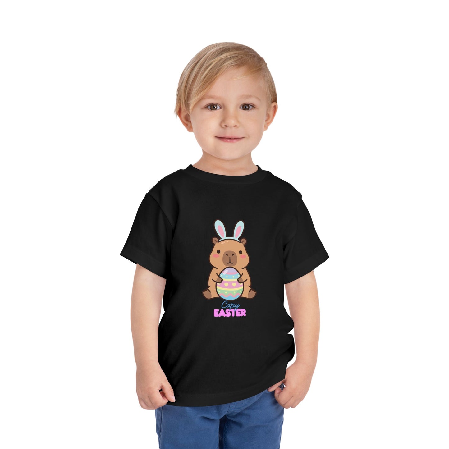 Toddler Tee — Cute Capybara Holding Easter Egg | "Happy Easter" Kids Shirt