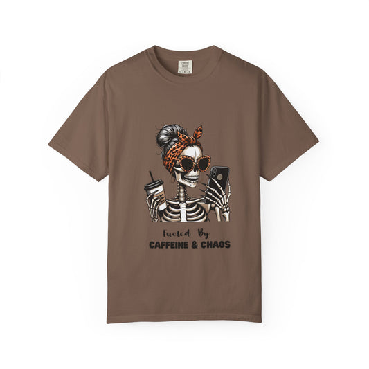 Caffeine & Chaos Skeleton Graphic T-Shirt | Coffee Skull Tee