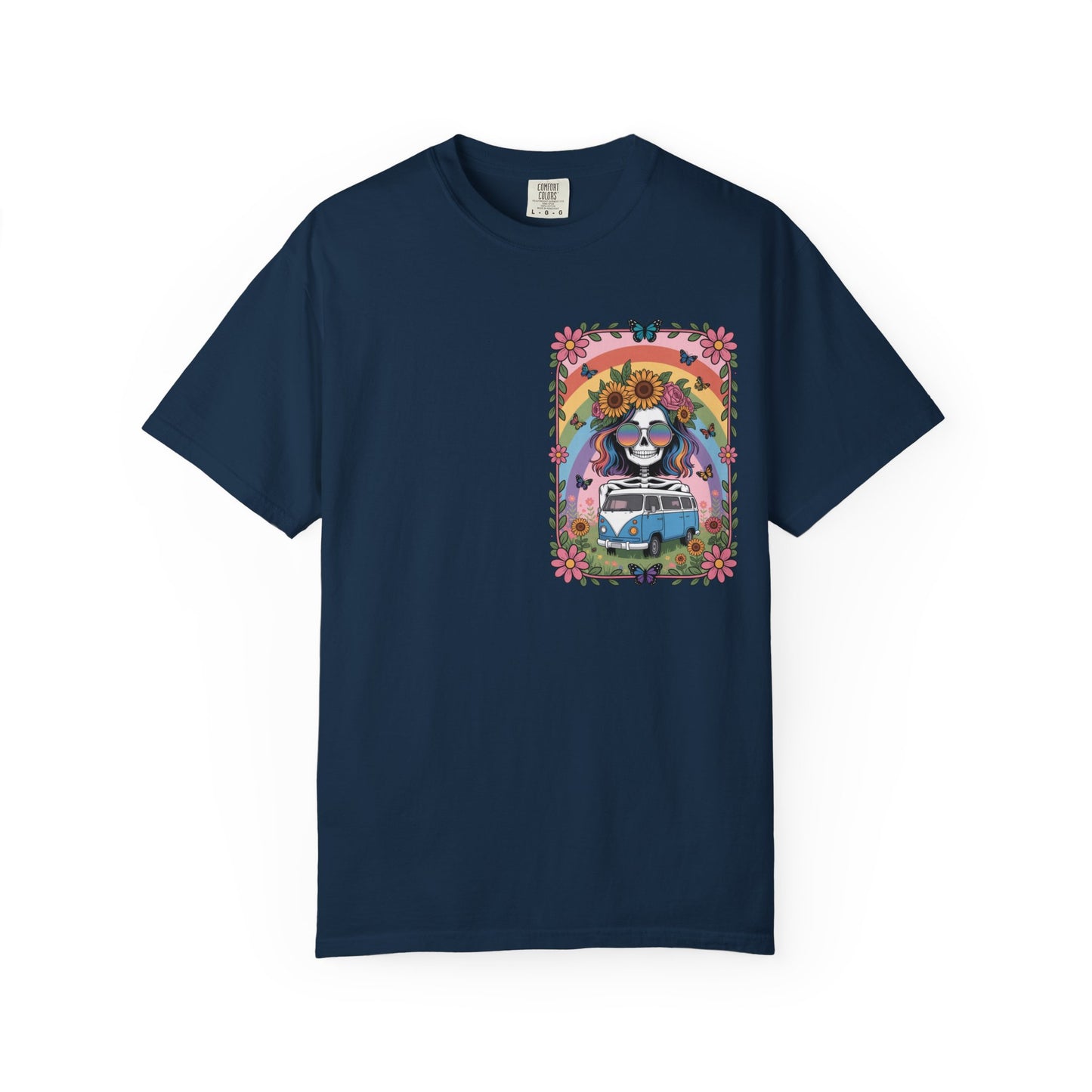 Day of the Dead VW Bus T-Shirt — Sugar Skull, Sunflower & Rainbow Hippie Tee