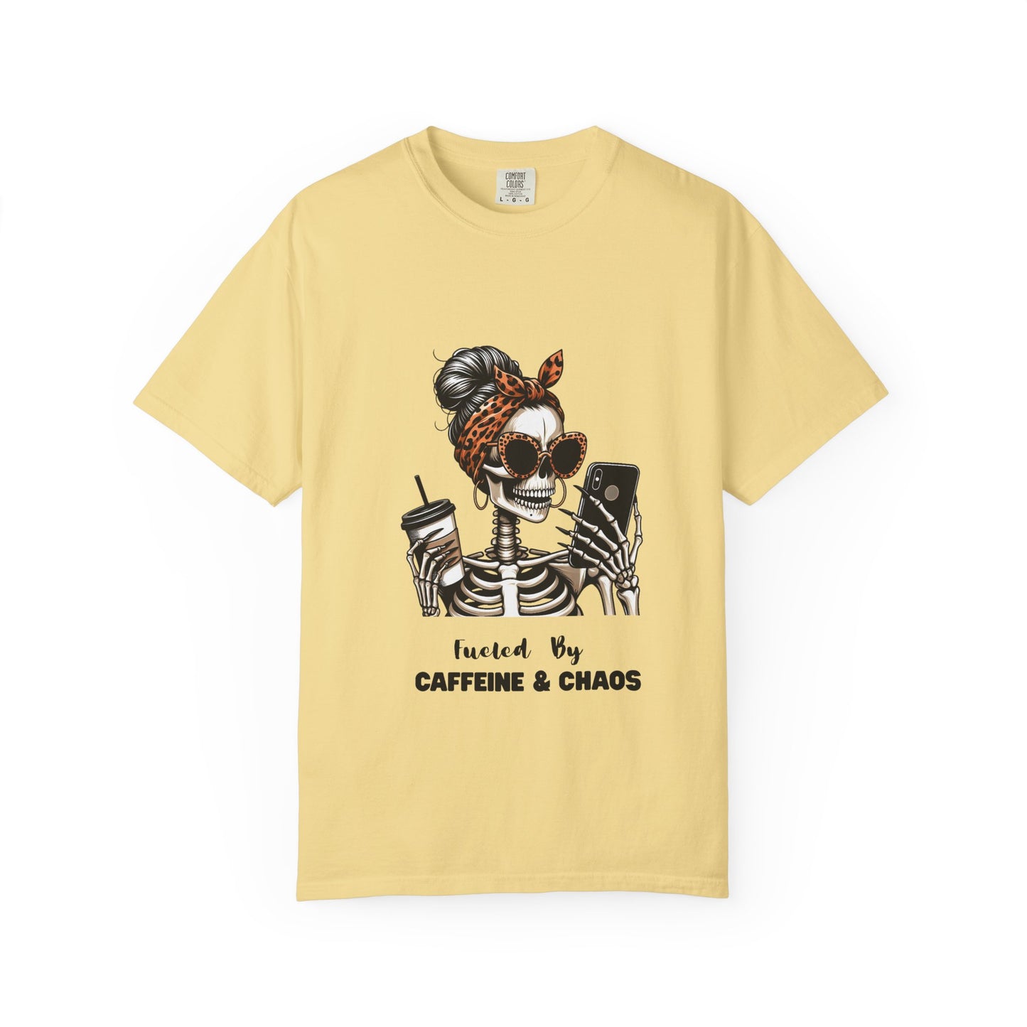 Caffeine & Chaos Skeleton Graphic T-Shirt | Coffee Skull Tee
