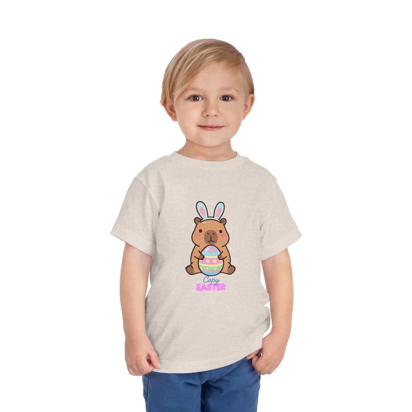 Toddler Tee — Cute Capybara Holding Easter Egg | "Happy Easter" Kids Shirt