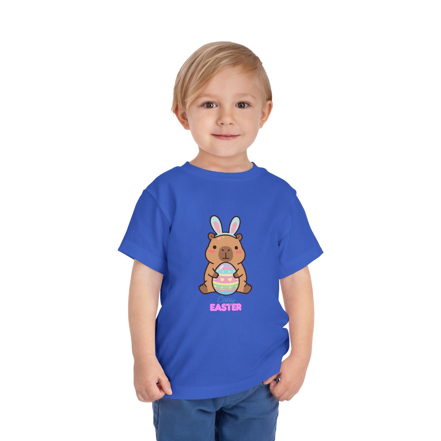 Toddler Tee — Cute Capybara Holding Easter Egg | "Happy Easter" Kids Shirt