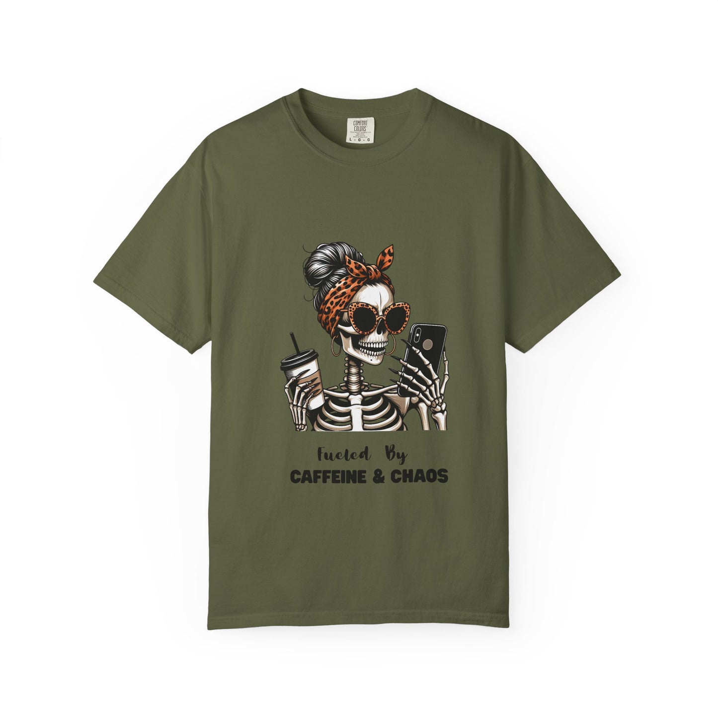 Caffeine & Chaos Skeleton Graphic T-Shirt | Coffee Skull Tee