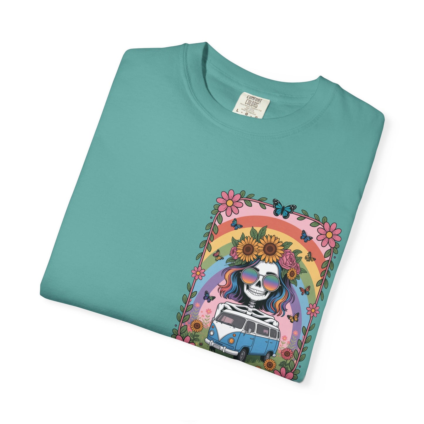 Day of the Dead VW Bus T-Shirt — Sugar Skull, Sunflower & Rainbow Hippie Tee