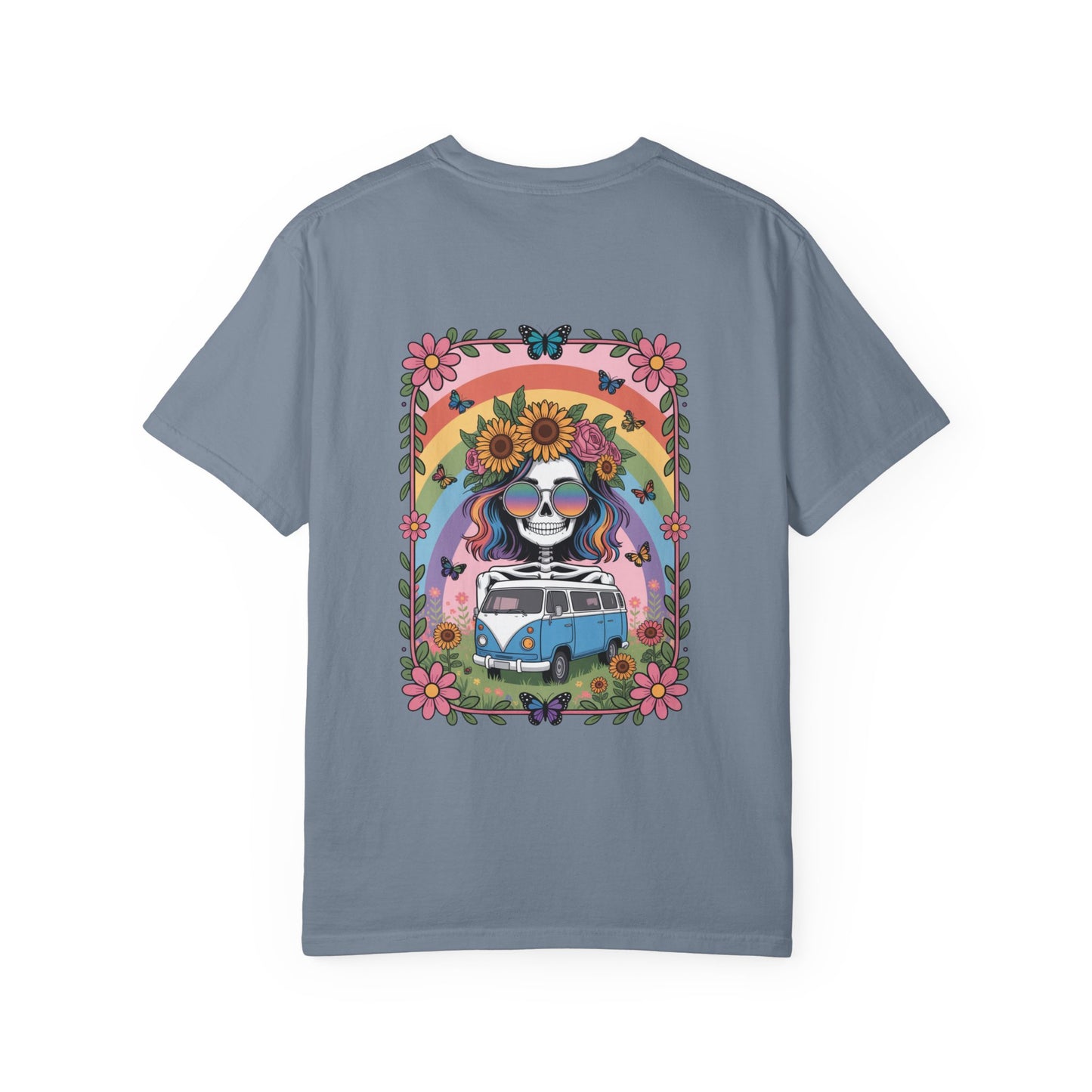 Day of the Dead VW Bus T-Shirt — Sugar Skull, Sunflower & Rainbow Hippie Tee