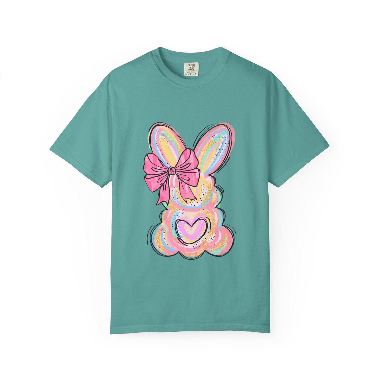 Easter Pastel Bunny T-Shirt — Cute Heart & Bow Graphic