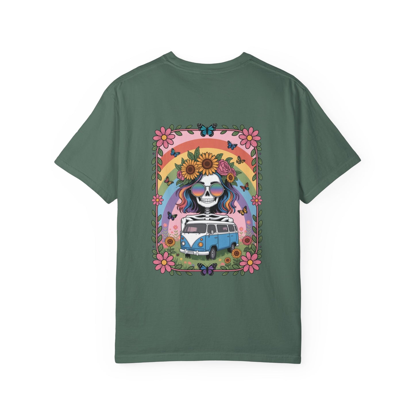 Day of the Dead VW Bus T-Shirt — Sugar Skull, Sunflower & Rainbow Hippie Tee