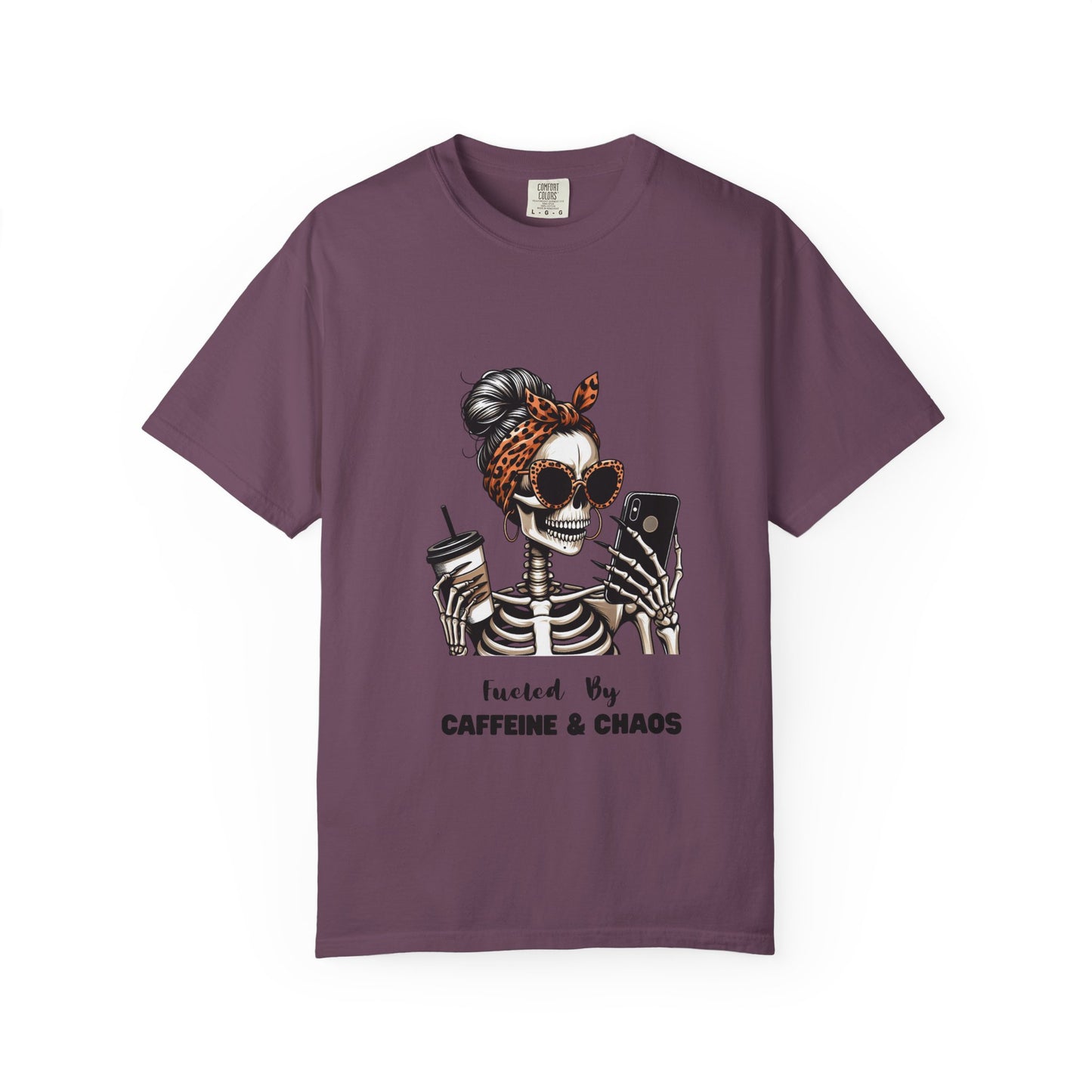 Caffeine & Chaos Skeleton Graphic T-Shirt | Coffee Skull Tee