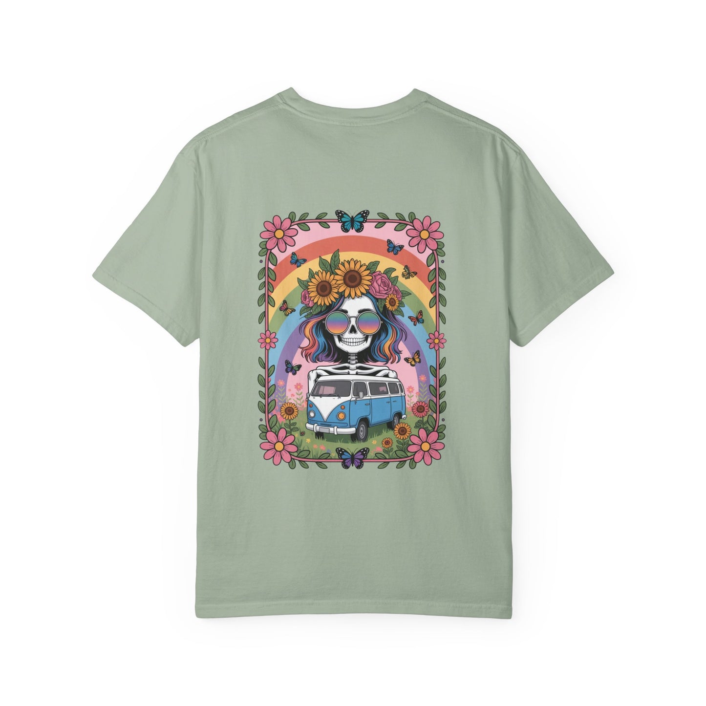 Day of the Dead VW Bus T-Shirt — Sugar Skull, Sunflower & Rainbow Hippie Tee