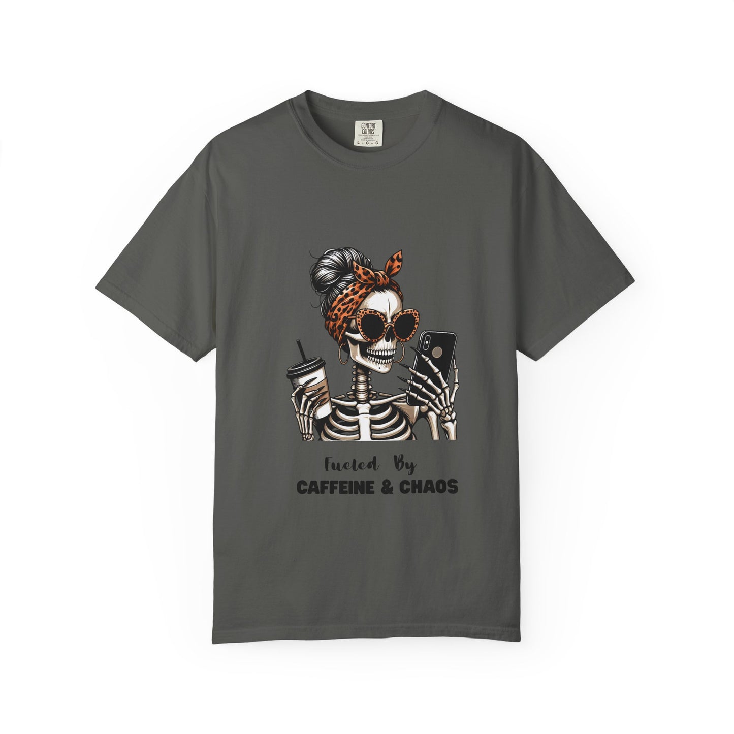 Caffeine & Chaos Skeleton Graphic T-Shirt | Coffee Skull Tee
