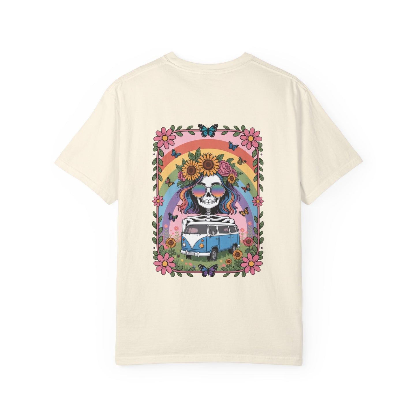Day of the Dead VW Bus T-Shirt — Sugar Skull, Sunflower & Rainbow Hippie Tee