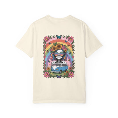 Day of the Dead VW Bus T-Shirt — Sugar Skull, Sunflower & Rainbow Hippie Tee