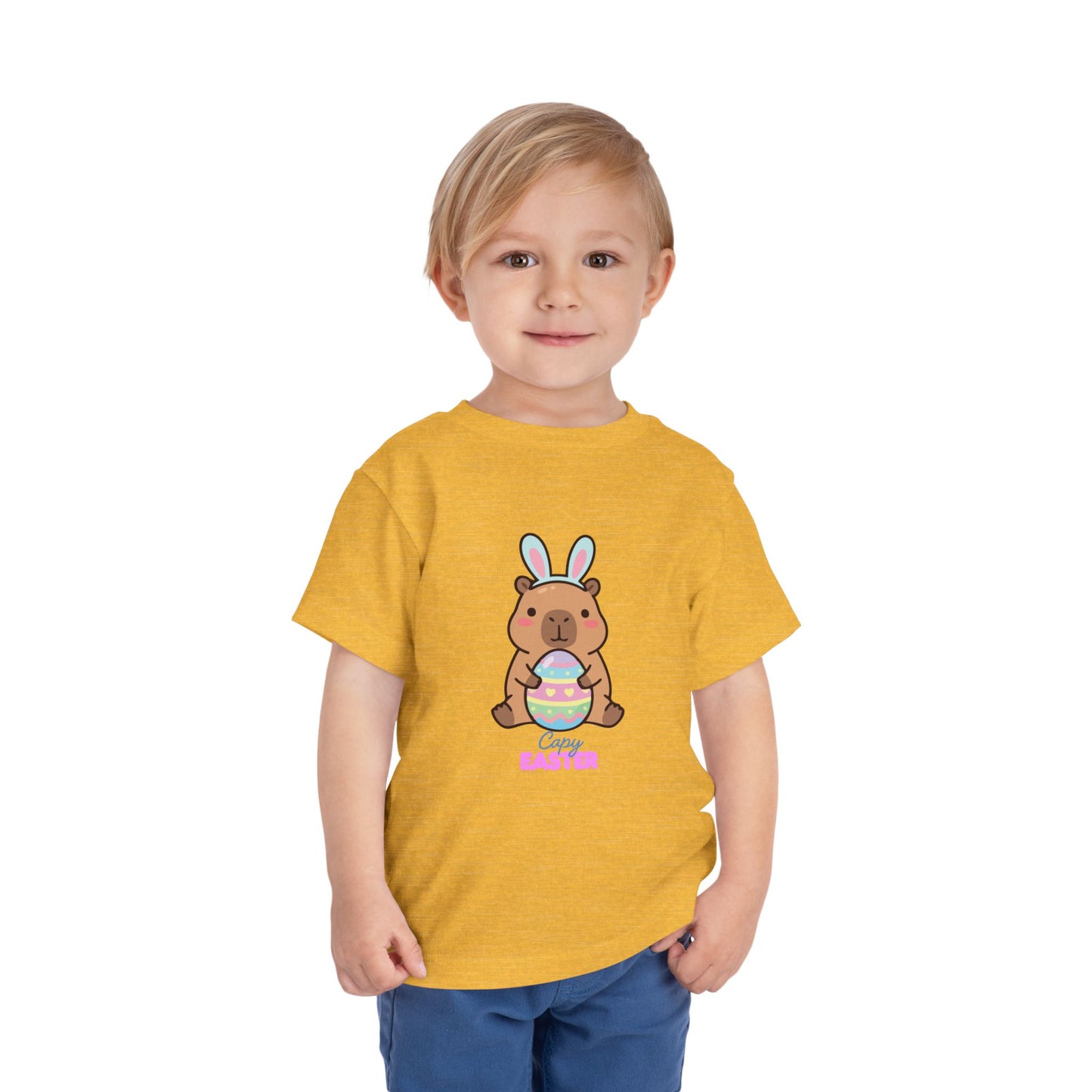Toddler Tee — Cute Capybara Holding Easter Egg | "Happy Easter" Kids Shirt