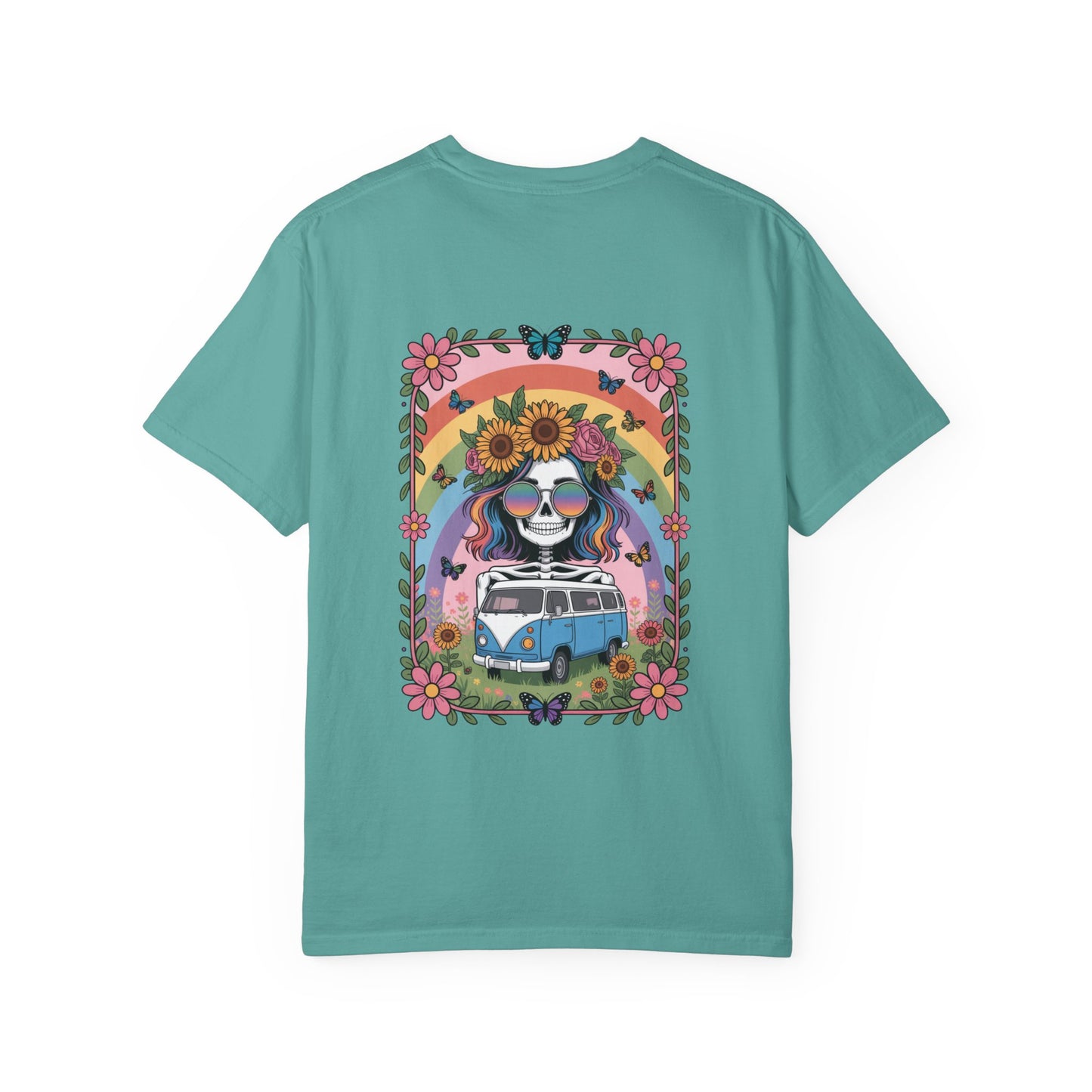 Day of the Dead VW Bus T-Shirt — Sugar Skull, Sunflower & Rainbow Hippie Tee