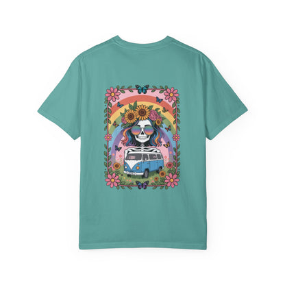 Day of the Dead VW Bus T-Shirt — Sugar Skull, Sunflower & Rainbow Hippie Tee