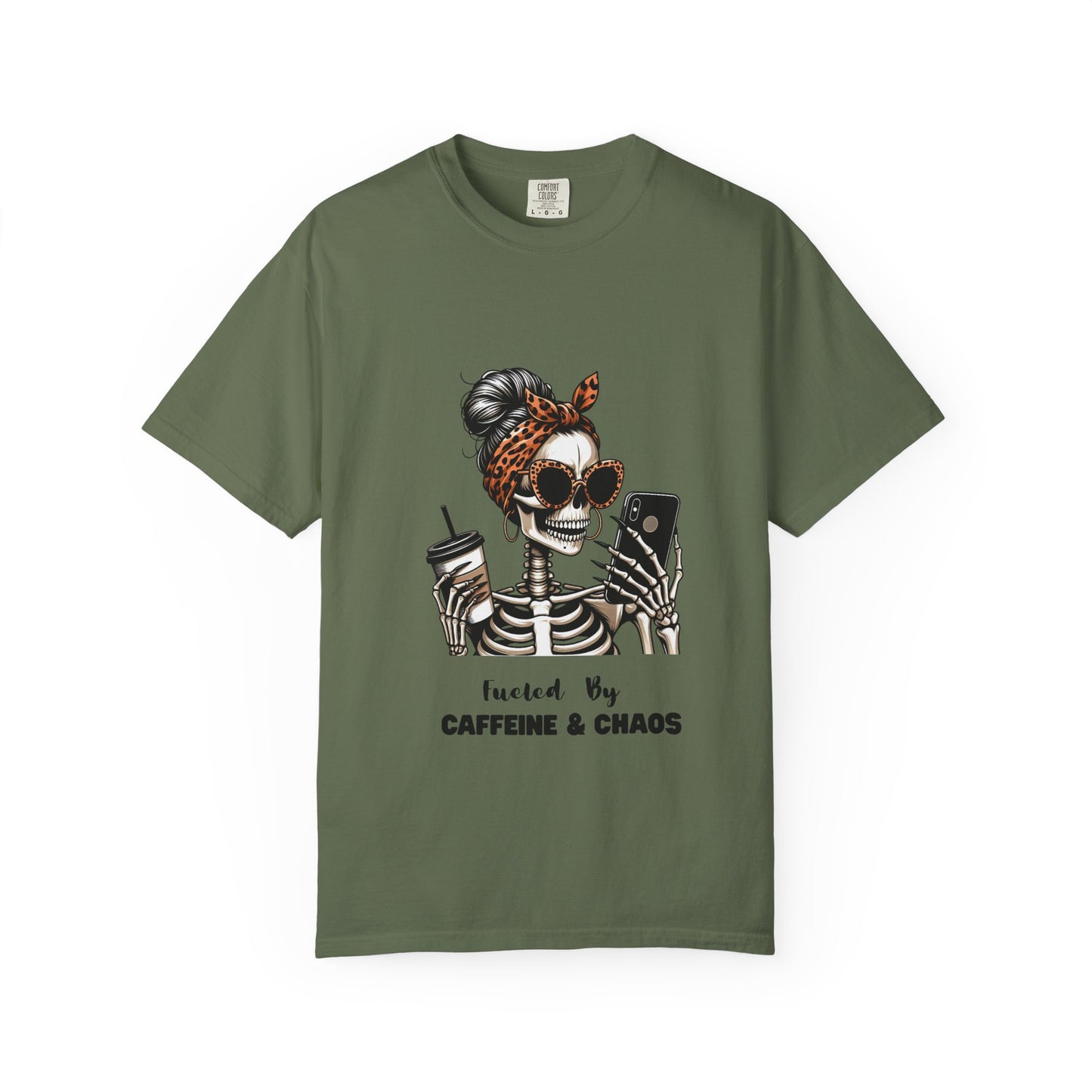 Caffeine & Chaos Skeleton Graphic T-Shirt | Coffee Skull Tee