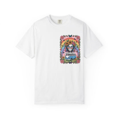 Day of the Dead VW Bus T-Shirt — Sugar Skull, Sunflower & Rainbow Hippie Tee