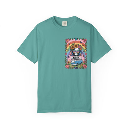 Day of the Dead VW Bus T-Shirt — Sugar Skull, Sunflower & Rainbow Hippie Tee