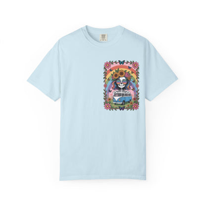 Day of the Dead VW Bus T-Shirt — Sugar Skull, Sunflower & Rainbow Hippie Tee
