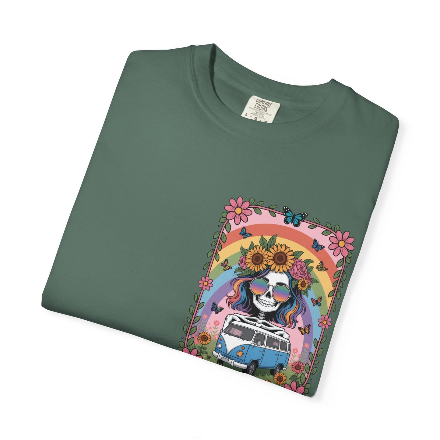 Day of the Dead VW Bus T-Shirt — Sugar Skull, Sunflower & Rainbow Hippie Tee
