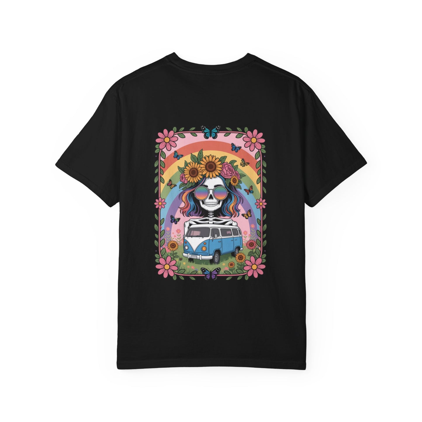 Day of the Dead VW Bus T-Shirt — Sugar Skull, Sunflower & Rainbow Hippie Tee