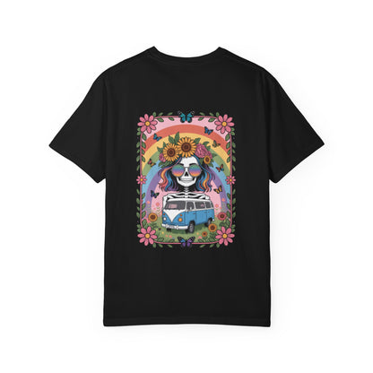 Day of the Dead VW Bus T-Shirt — Sugar Skull, Sunflower & Rainbow Hippie Tee