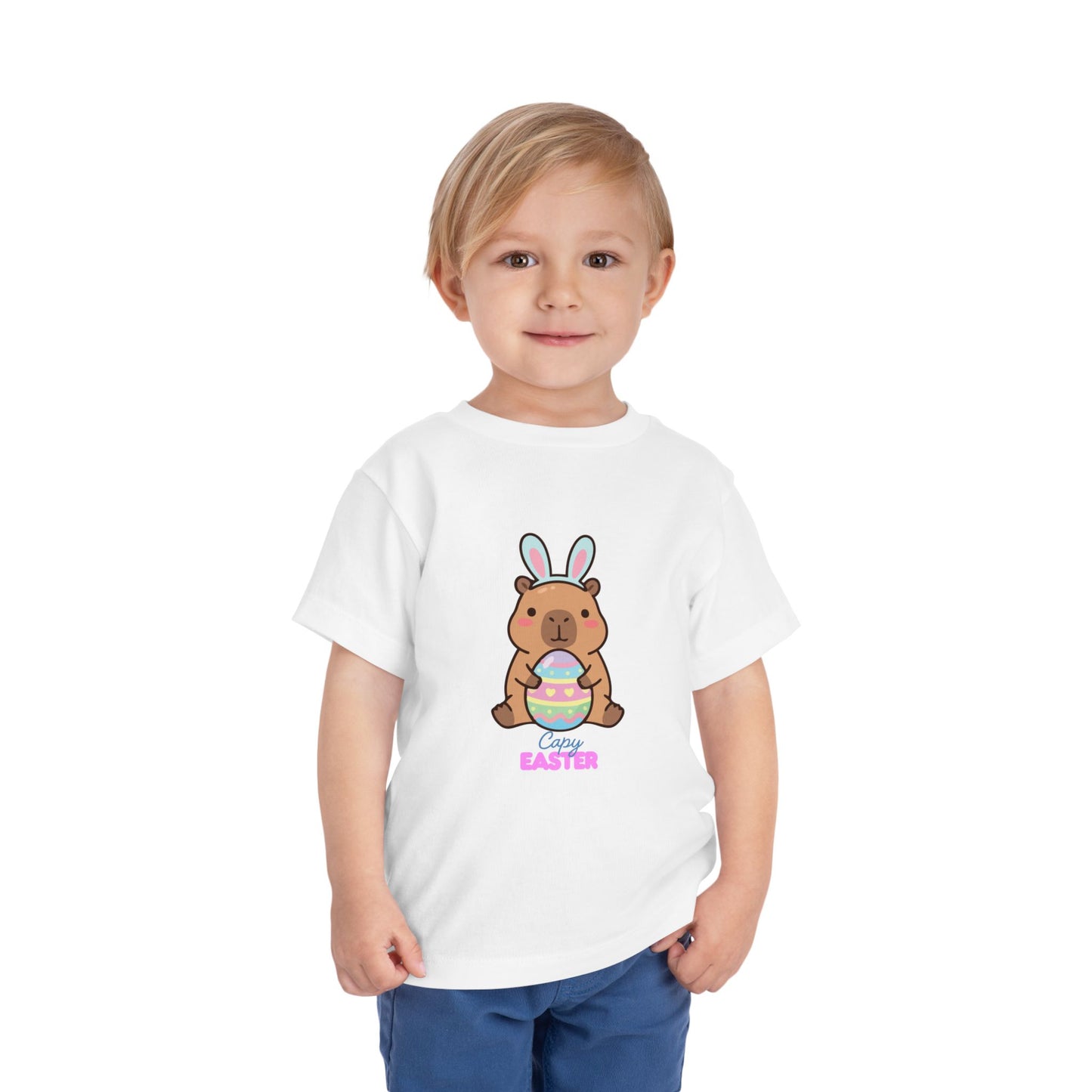 Toddler Tee — Cute Capybara Holding Easter Egg | "Happy Easter" Kids Shirt