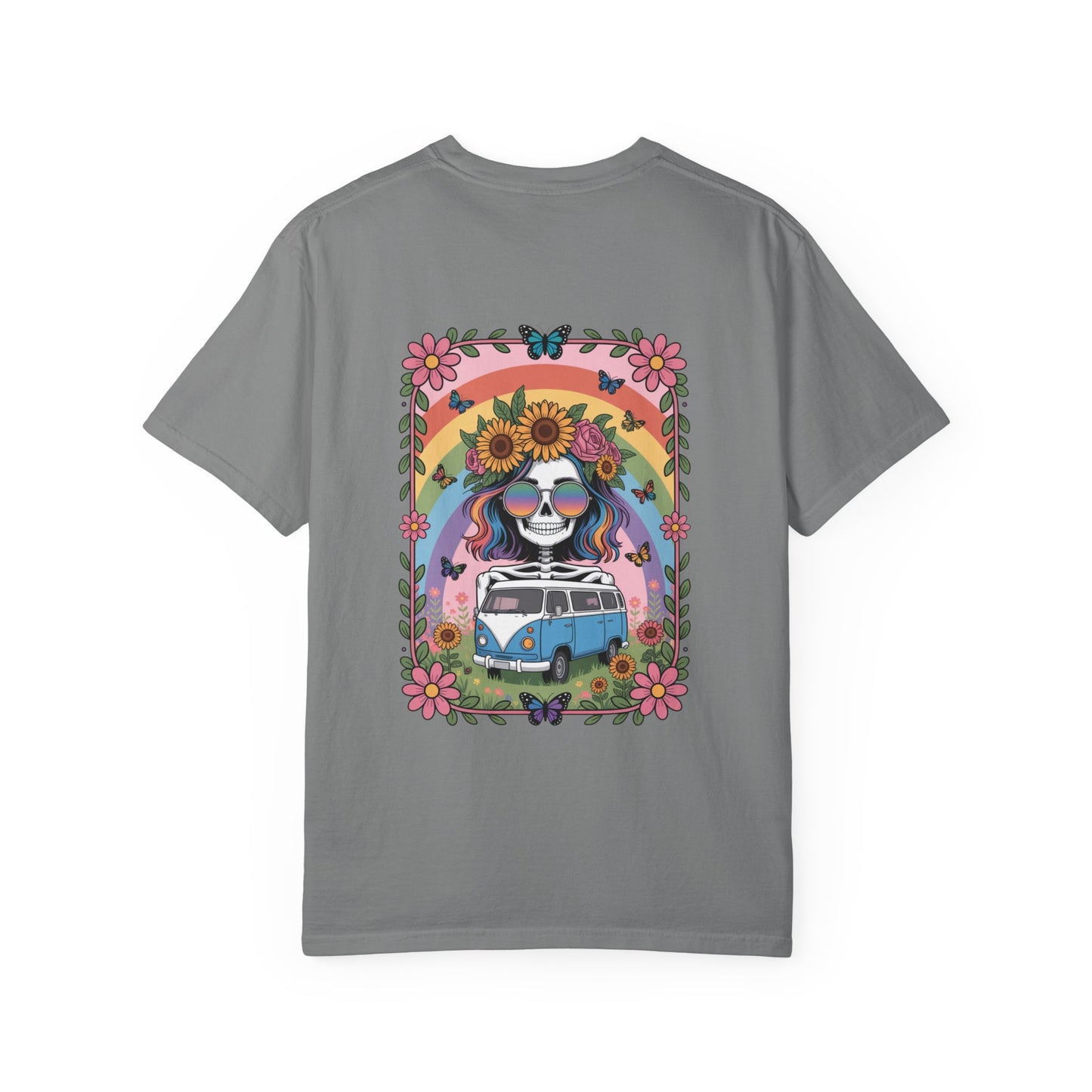 Day of the Dead VW Bus T-Shirt — Sugar Skull, Sunflower & Rainbow Hippie Tee