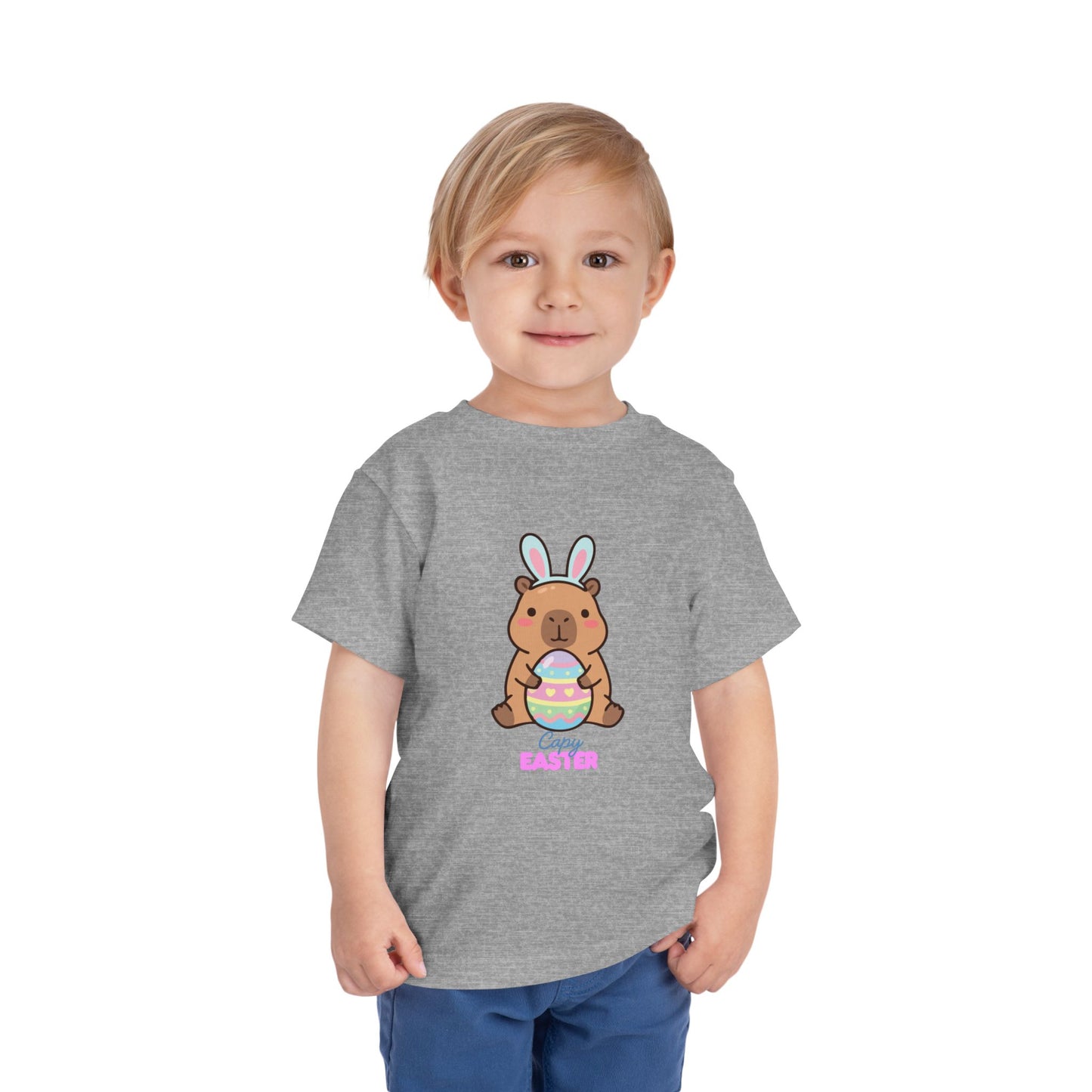 Toddler Tee — Cute Capybara Holding Easter Egg | "Happy Easter" Kids Shirt