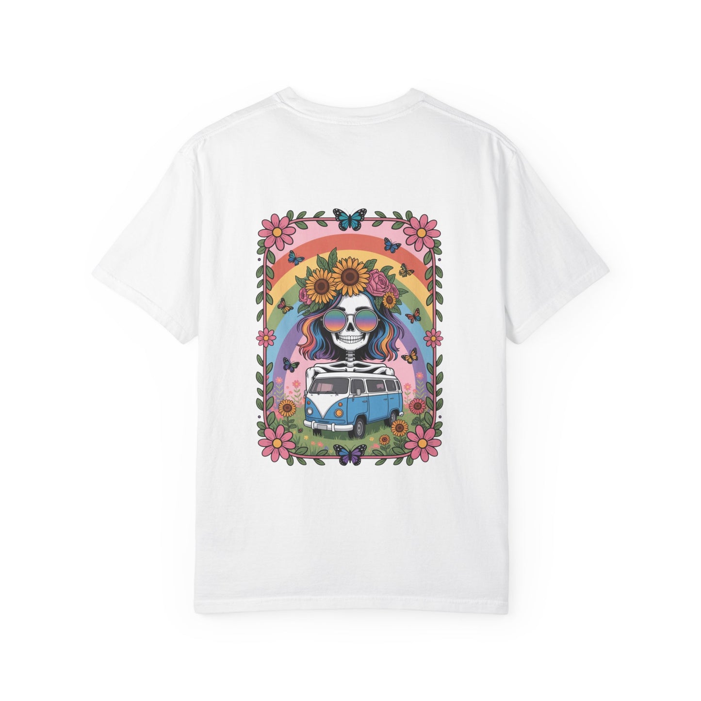 Day of the Dead VW Bus T-Shirt — Sugar Skull, Sunflower & Rainbow Hippie Tee