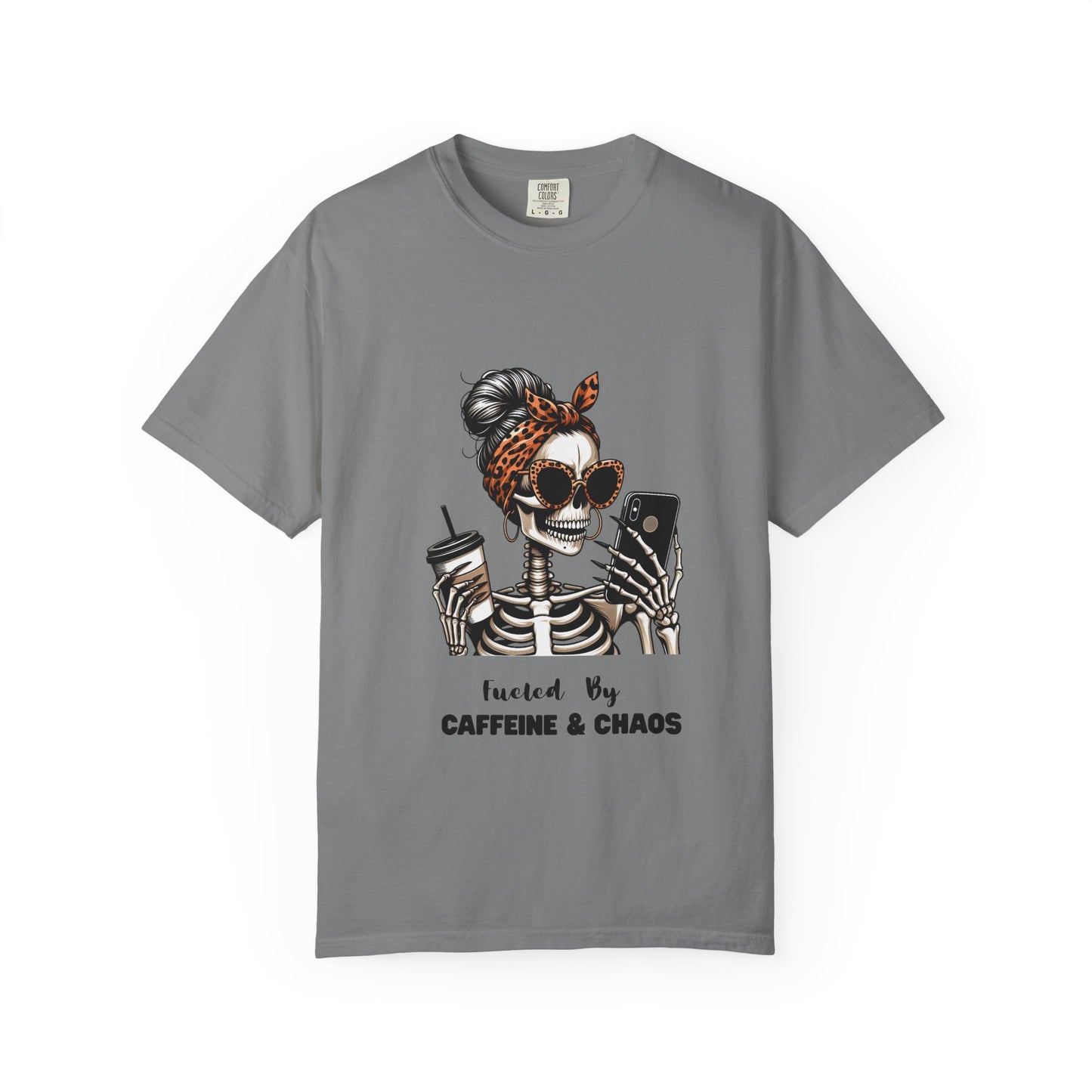 Caffeine & Chaos Skeleton Graphic T-Shirt | Coffee Skull Tee