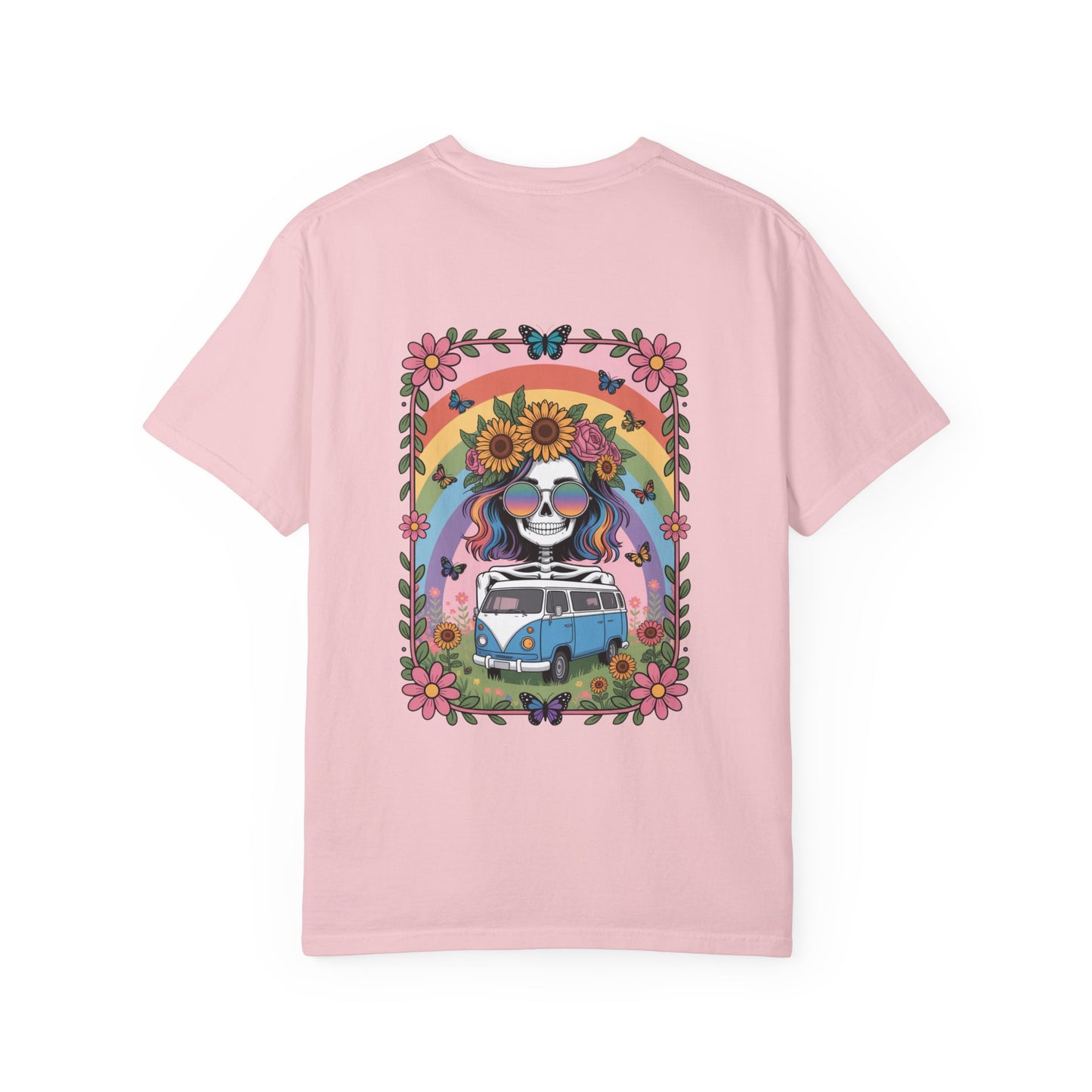 Day of the Dead VW Bus T-Shirt — Sugar Skull, Sunflower & Rainbow Hippie Tee
