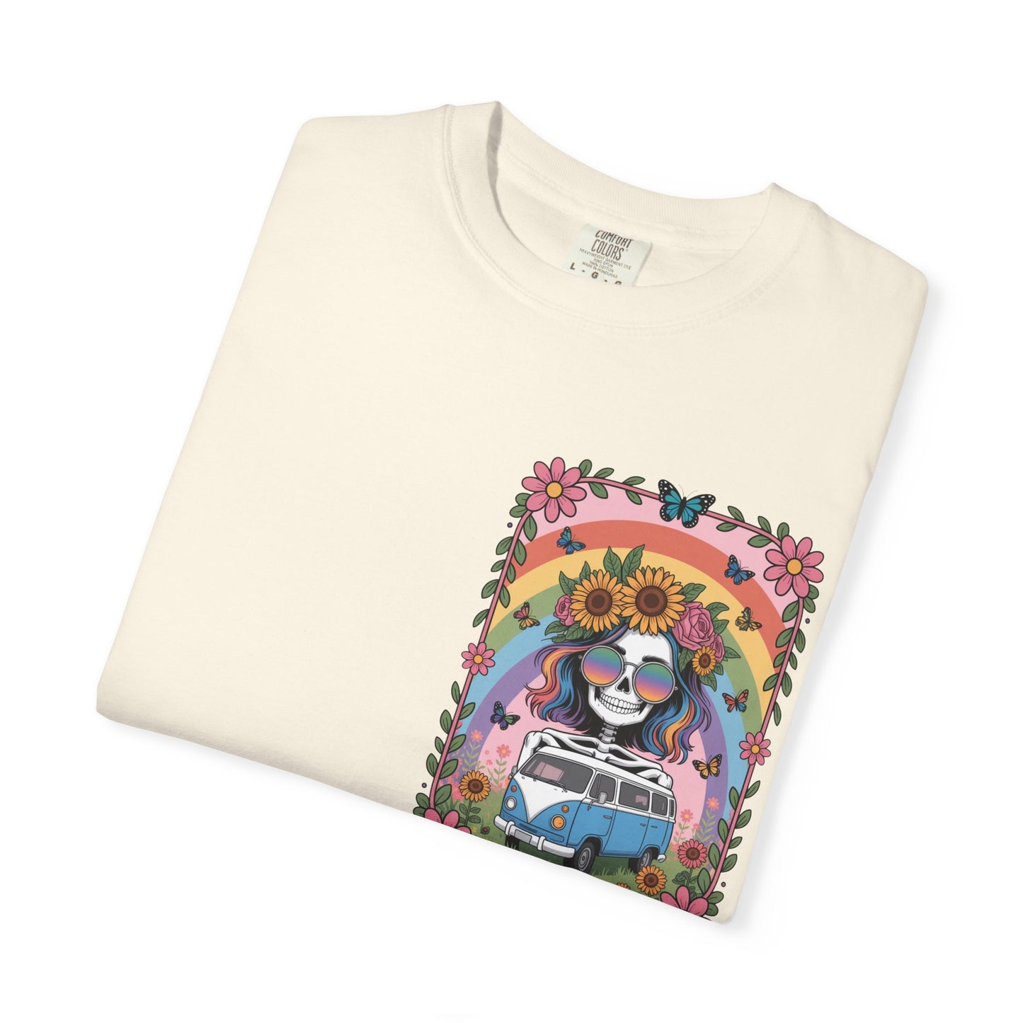 Day of the Dead VW Bus T-Shirt — Sugar Skull, Sunflower & Rainbow Hippie Tee