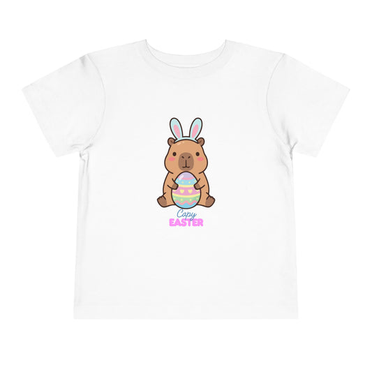 Toddler Tee — Cute Capybara Holding Easter Egg | "Happy Easter" Kids Shirt