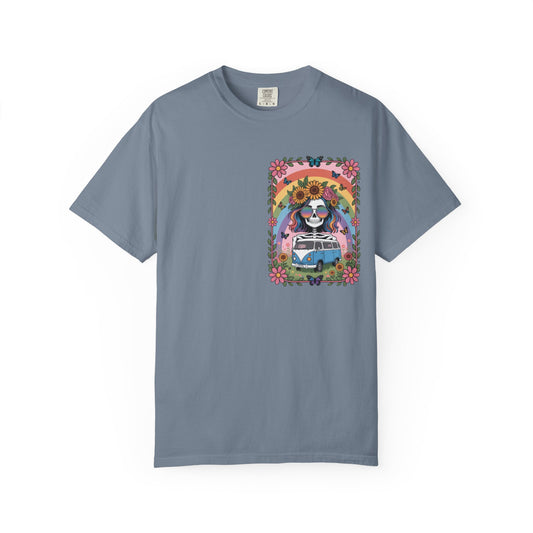 Day of the Dead VW Bus T-Shirt — Sugar Skull, Sunflower & Rainbow Hippie Tee