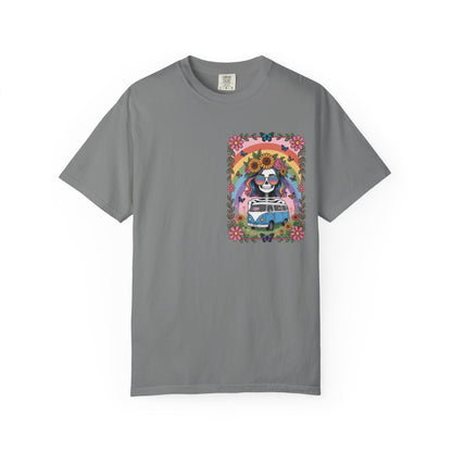Day of the Dead VW Bus T-Shirt — Sugar Skull, Sunflower & Rainbow Hippie Tee