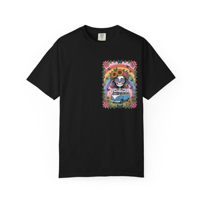 Day of the Dead VW Bus T-Shirt — Sugar Skull, Sunflower & Rainbow Hippie Tee