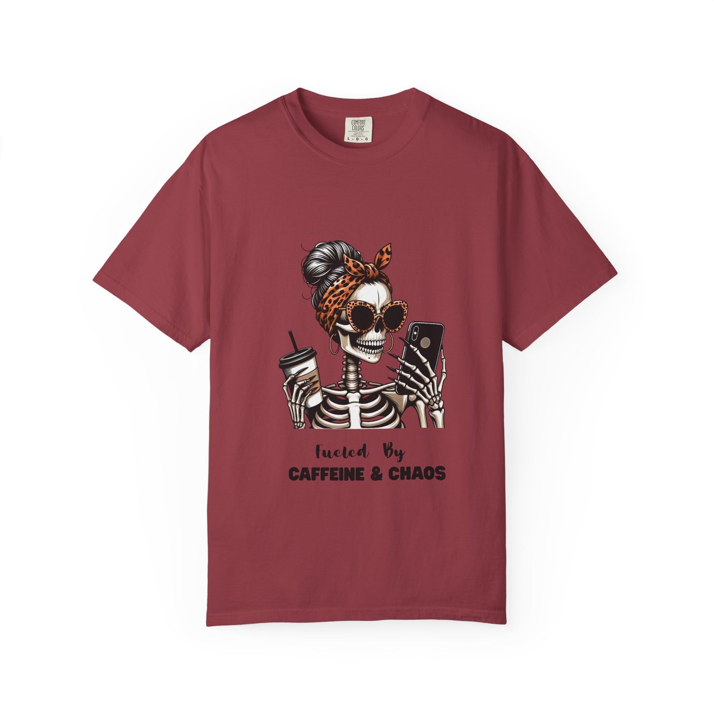 Caffeine & Chaos Skeleton Graphic T-Shirt | Coffee Skull Tee