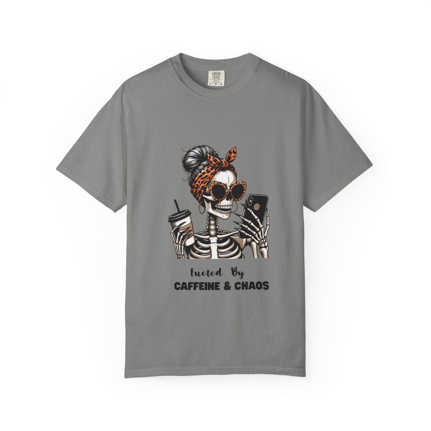 Caffeine & Chaos Skeleton Graphic T-Shirt | Coffee Skull Tee