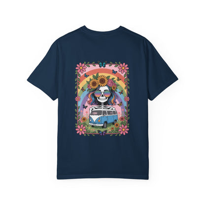 Day of the Dead VW Bus T-Shirt — Sugar Skull, Sunflower & Rainbow Hippie Tee
